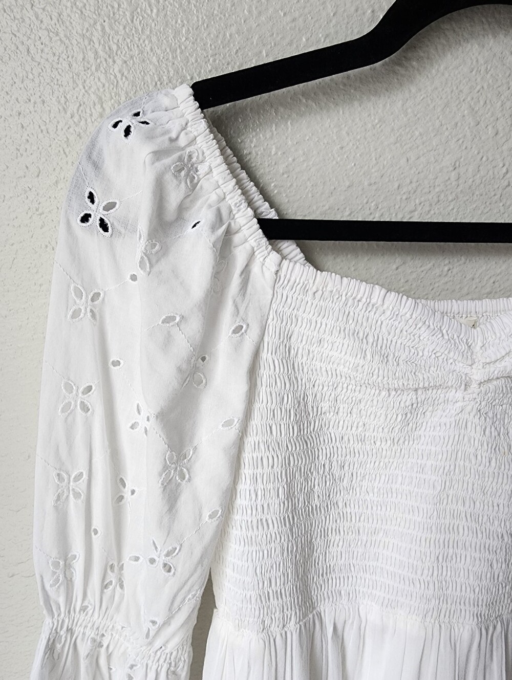 Aerie Smocked Tiered Bodice Eyelet Midi Dress Size Small In White - Picture 3 of 9